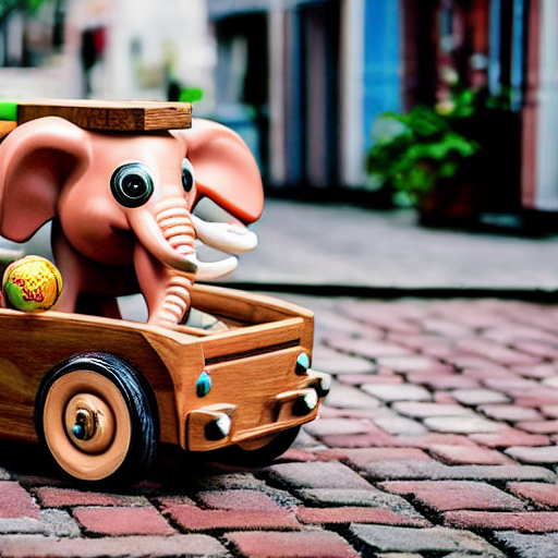 021_A toy elephant is sitting inside a wooden car toy..png